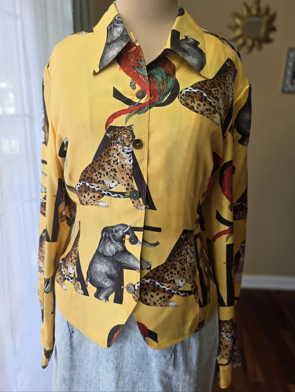 Vintage Dana Buchman 100% Silk Safari Animal Print Button Up Blouse Size 14